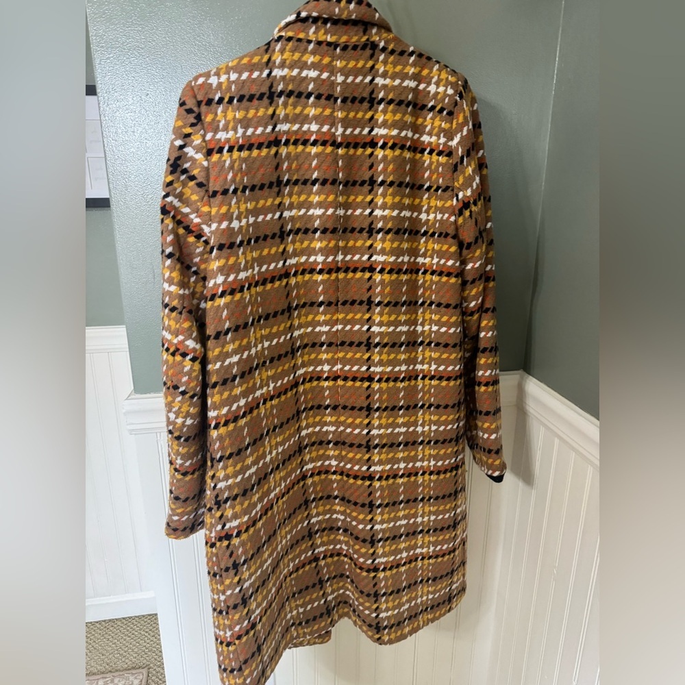 Skies Are Blue Mustard Plaid Long Trench Coat with Black & White Accents - Picture 7 of 7
